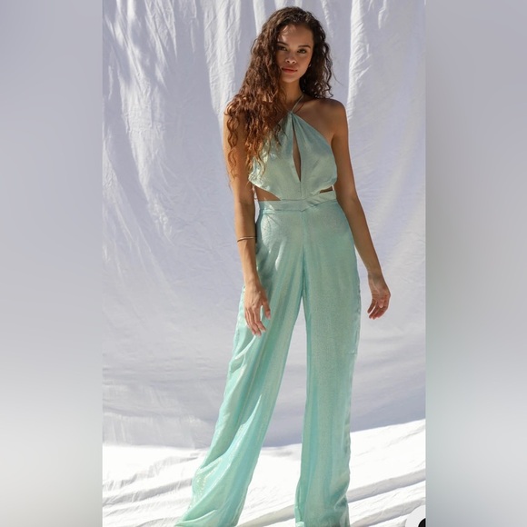 Jen’s Pirate Booty Avalon Jumpsuit Dusty Turquoise Halter  Side Cut Out Small - Picture 1 of 6
